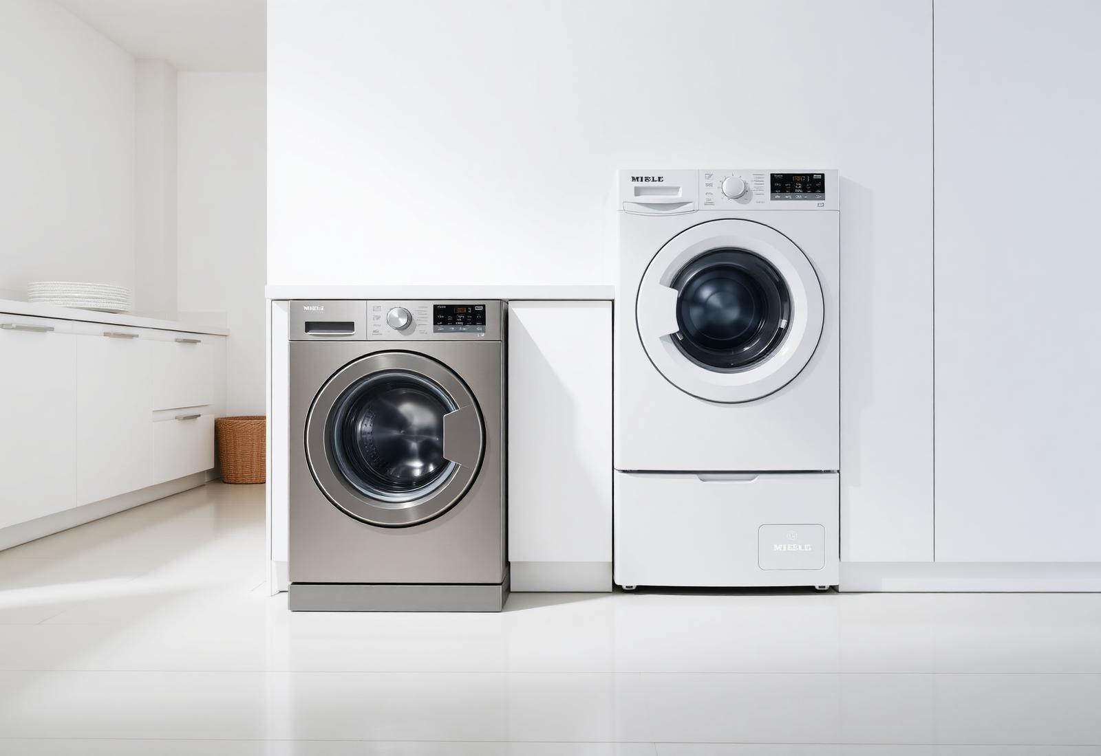 Miele W1 washer and T1 dryer in a bright minimalist laundry