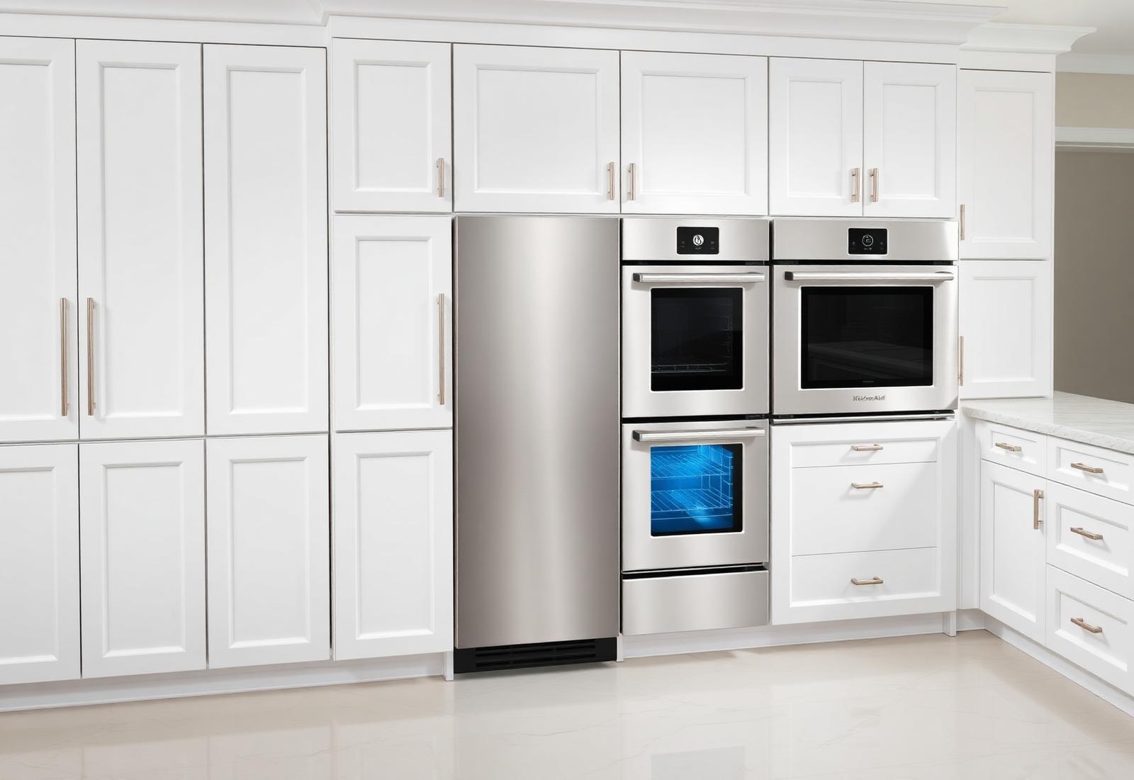KitchenAid stainless double wall oven and dishwasher in a white kitchen