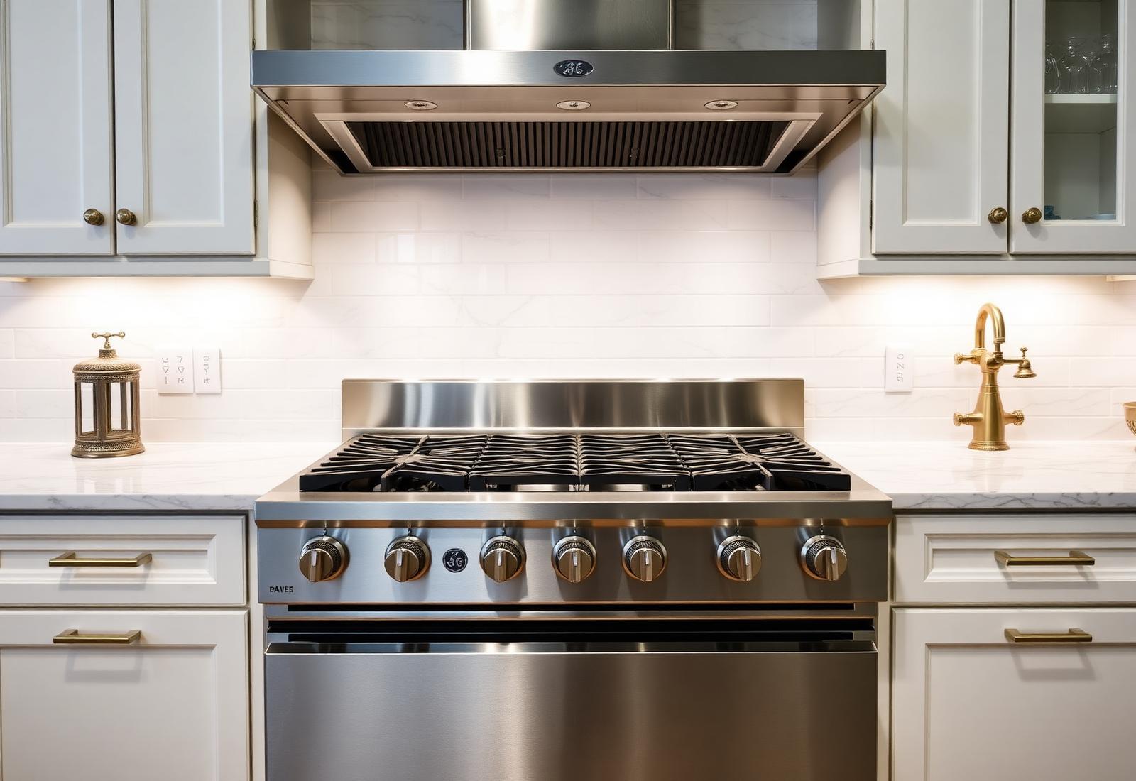 Monogram stainless professional range in a marble kitchen