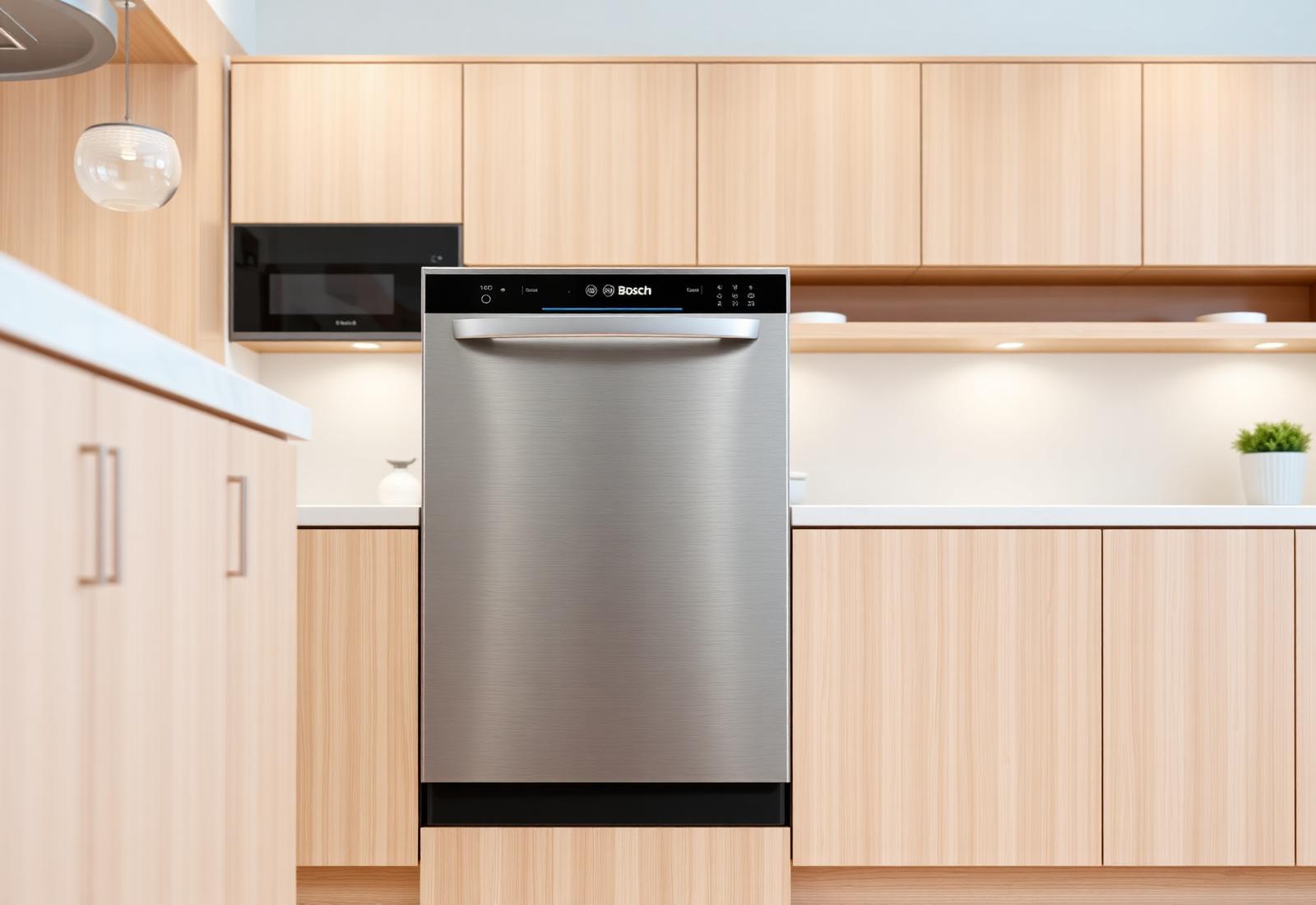Bosch stainless 800 series dishwasher in a bright modern kitchen