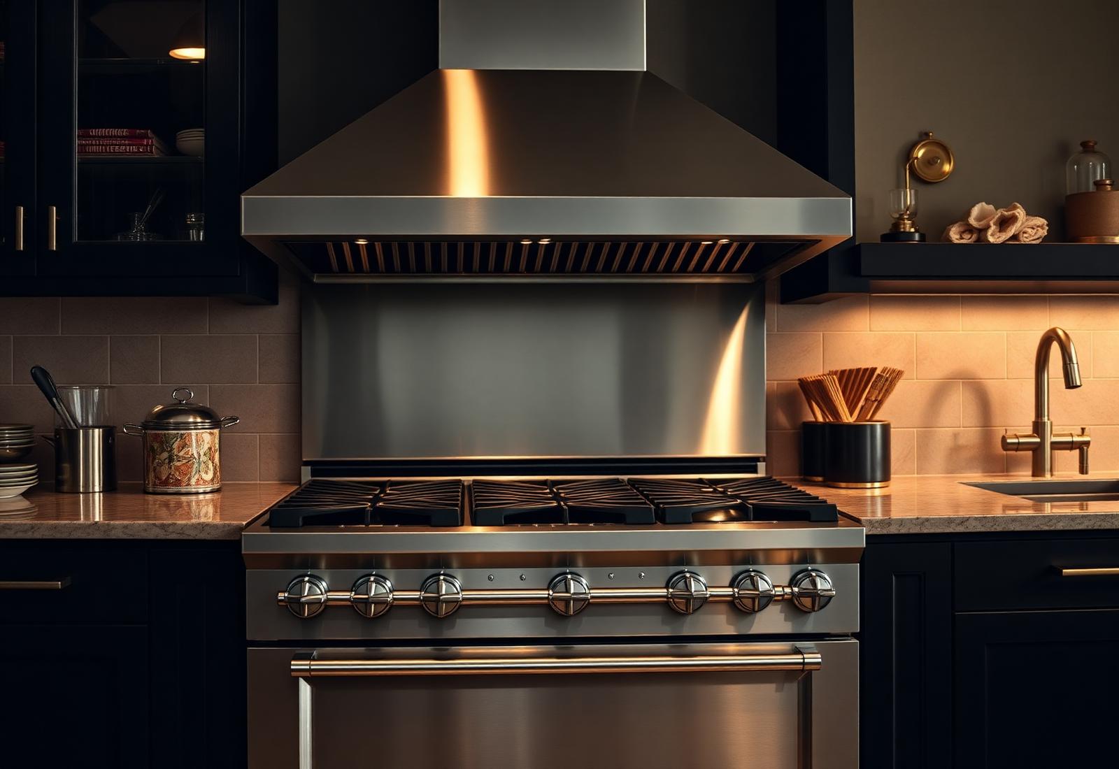 Viking professional stainless range in a warm modern kitchen