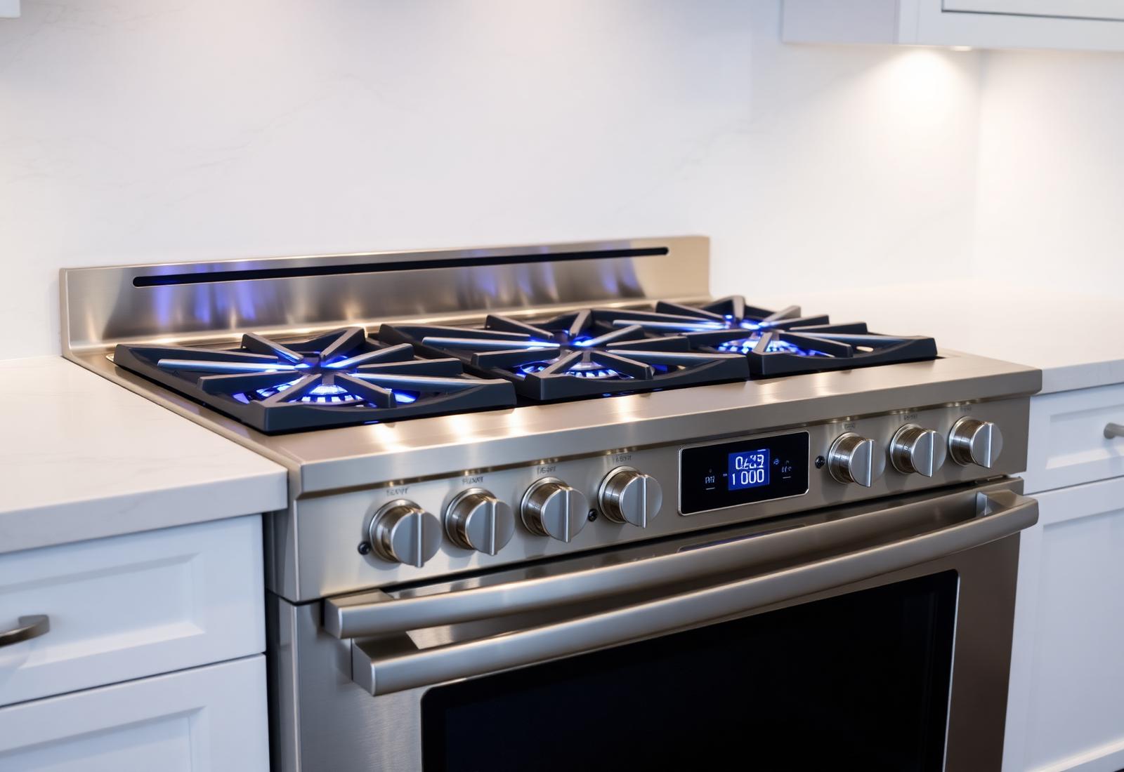 Thermador stainless range with blue star burners glowing