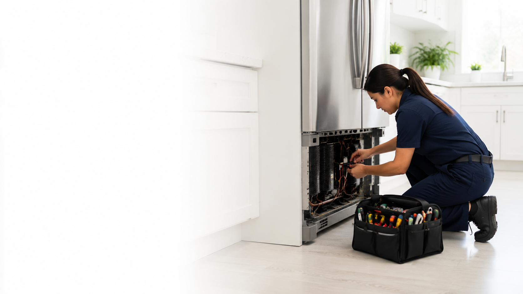 Technician servicing a luxury refrigerator