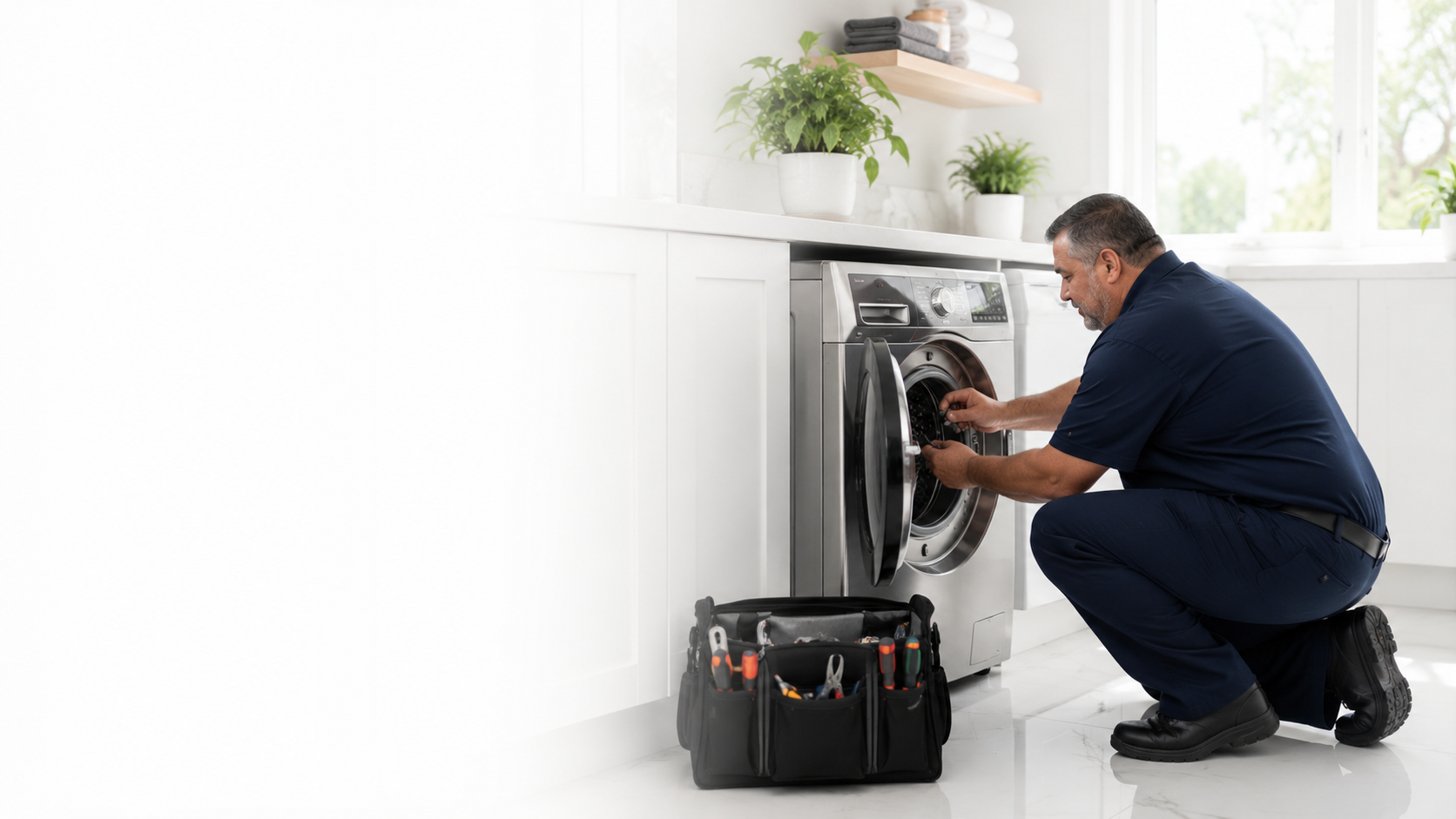 Technician repairing a high-end washer