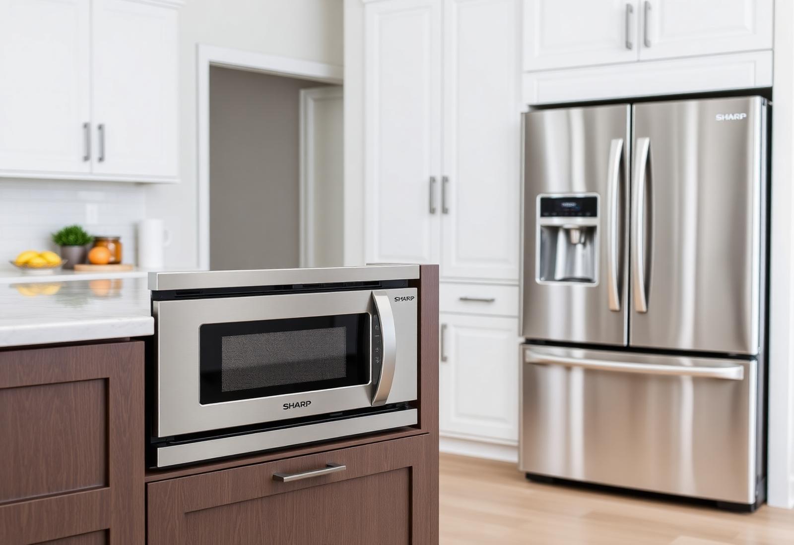 Sharp stainless microwave drawer built into a modern kitchen island