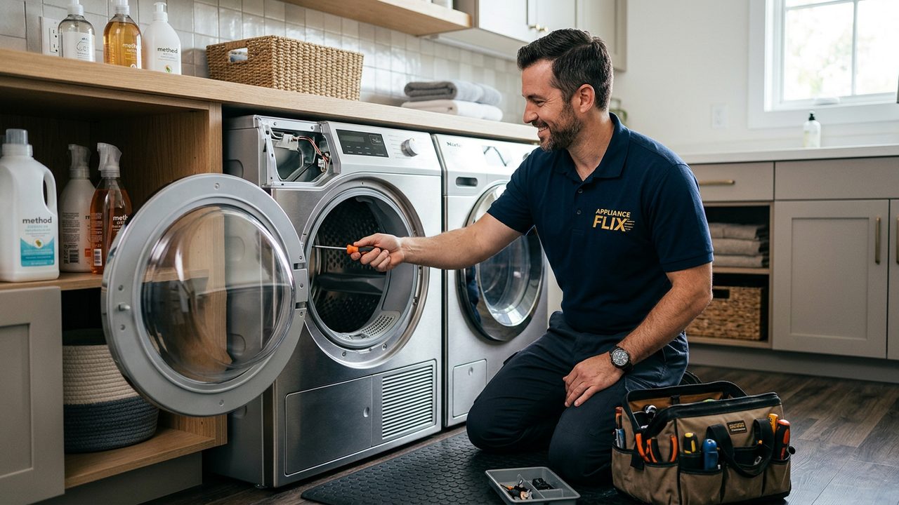 A technician servicing a dryer in a laundry room — Whirlpool Dryer Troubleshooting for NYC Residents, inspected by an Appliance Flix factory-trained technician in New York City