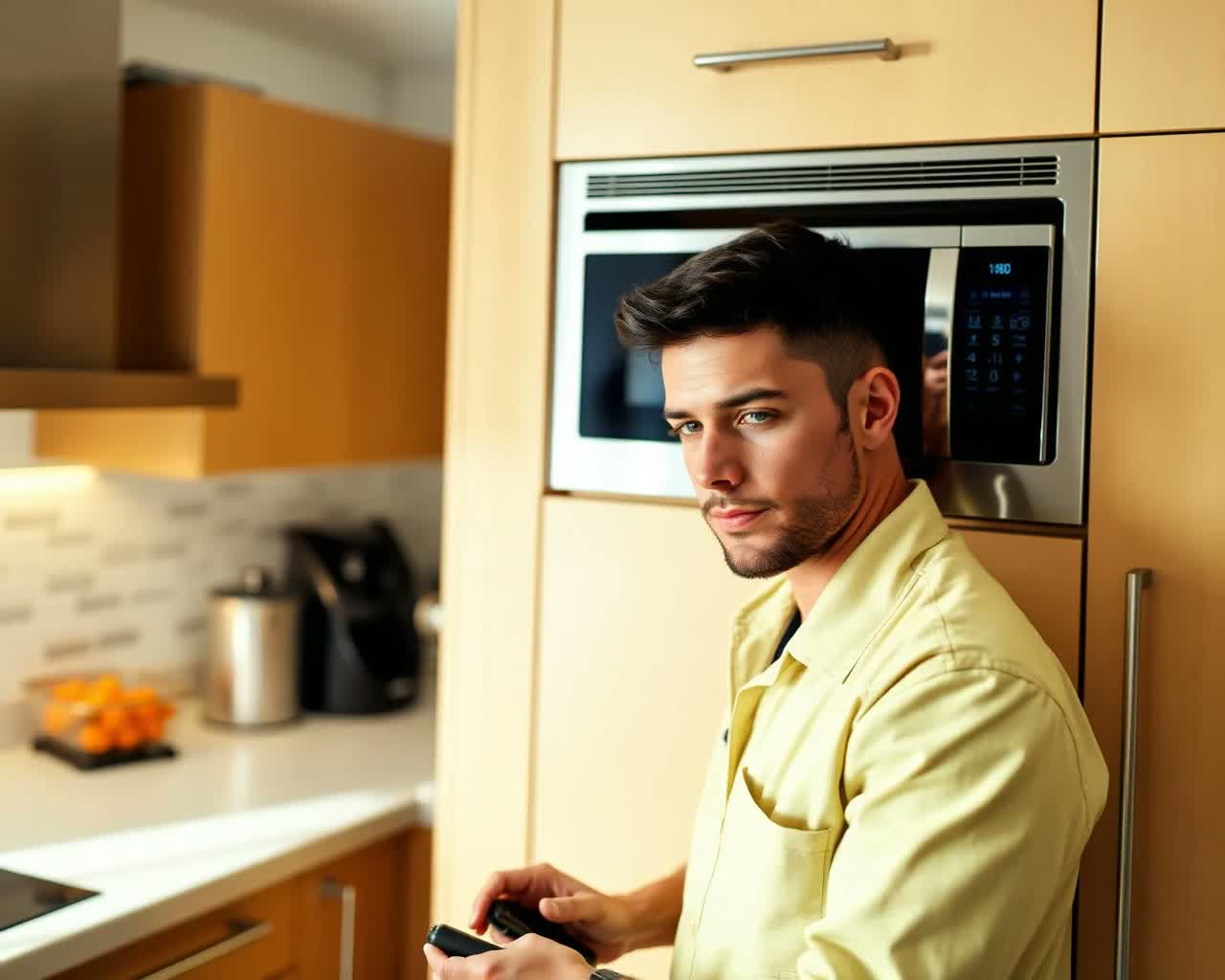A technician checking a built-in microwave in a kitchen — Repairing Microwave Drawers in NYC Kitchens, inspected by an Appliance Flix factory-trained technician in New York City
