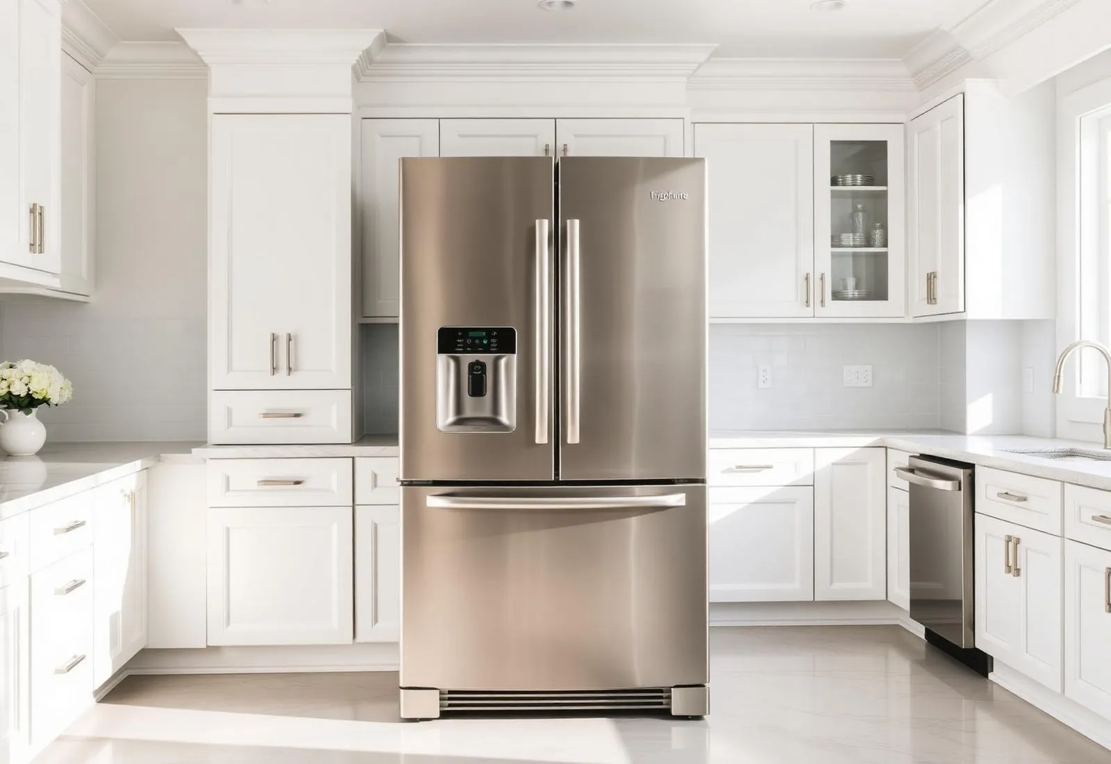 Frigidaire stainless french-door refrigerator in a bright white kitchen