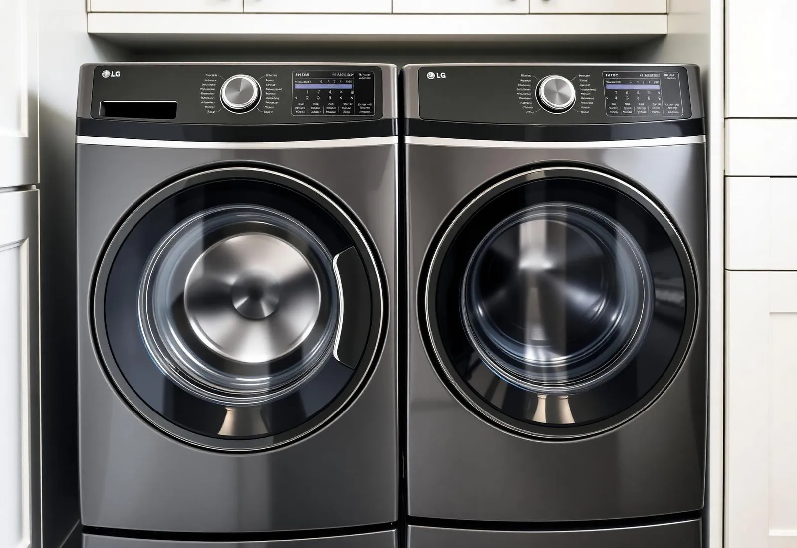 LG front-load washer and dryer pair in a modern laundry room
