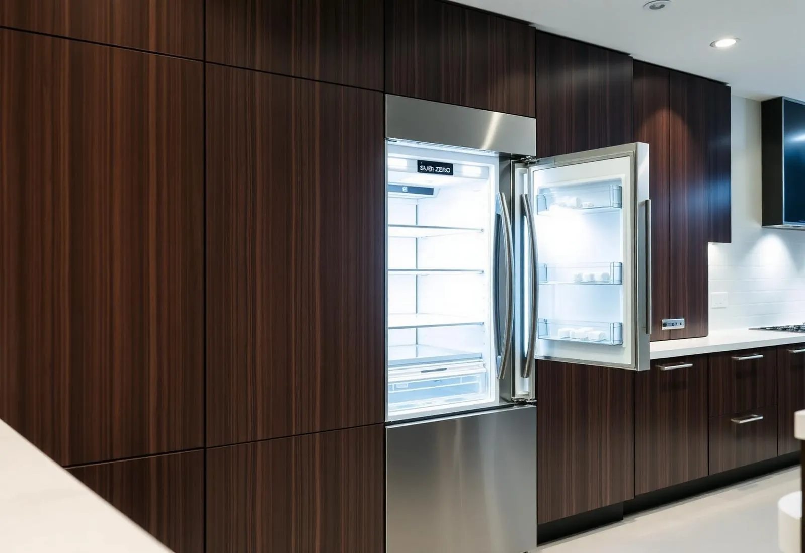 Sub-Zero built-in stainless refrigerator in a luxury kitchen