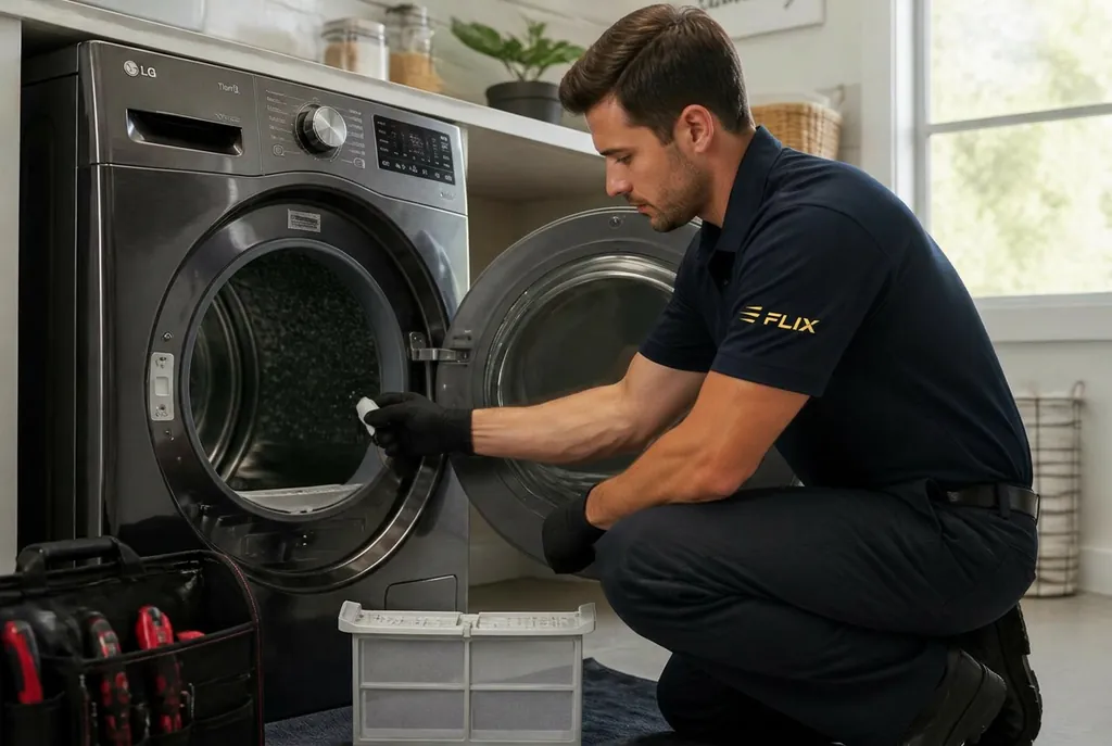 Technician repairing an LG front-load dryer
