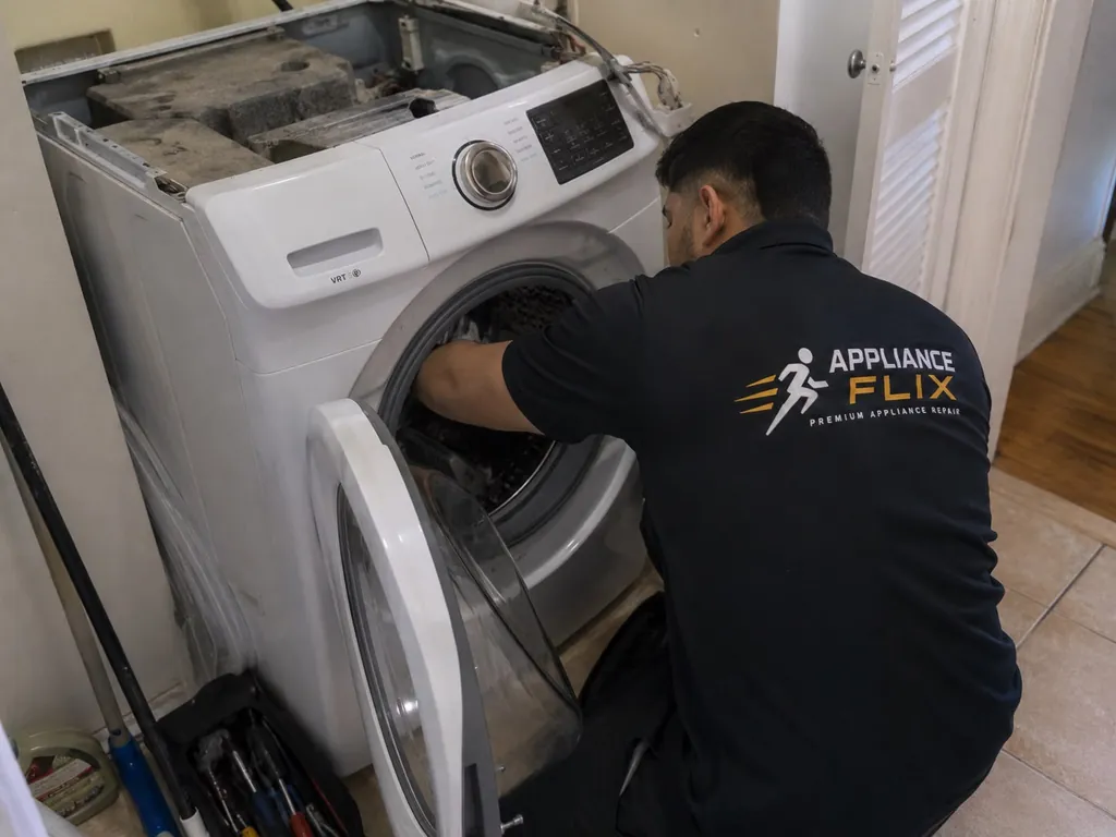Appliance Flix technician repairing a high-end front-load washer