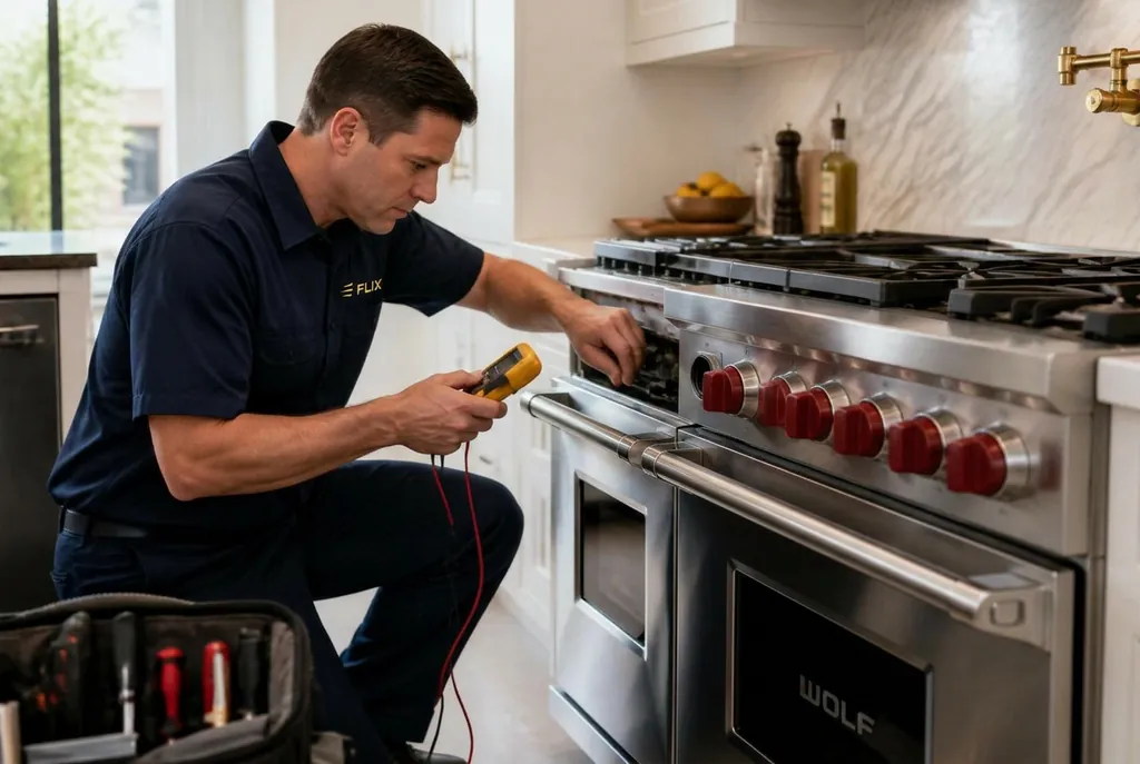 Technician repairing a Wolf professional gas range